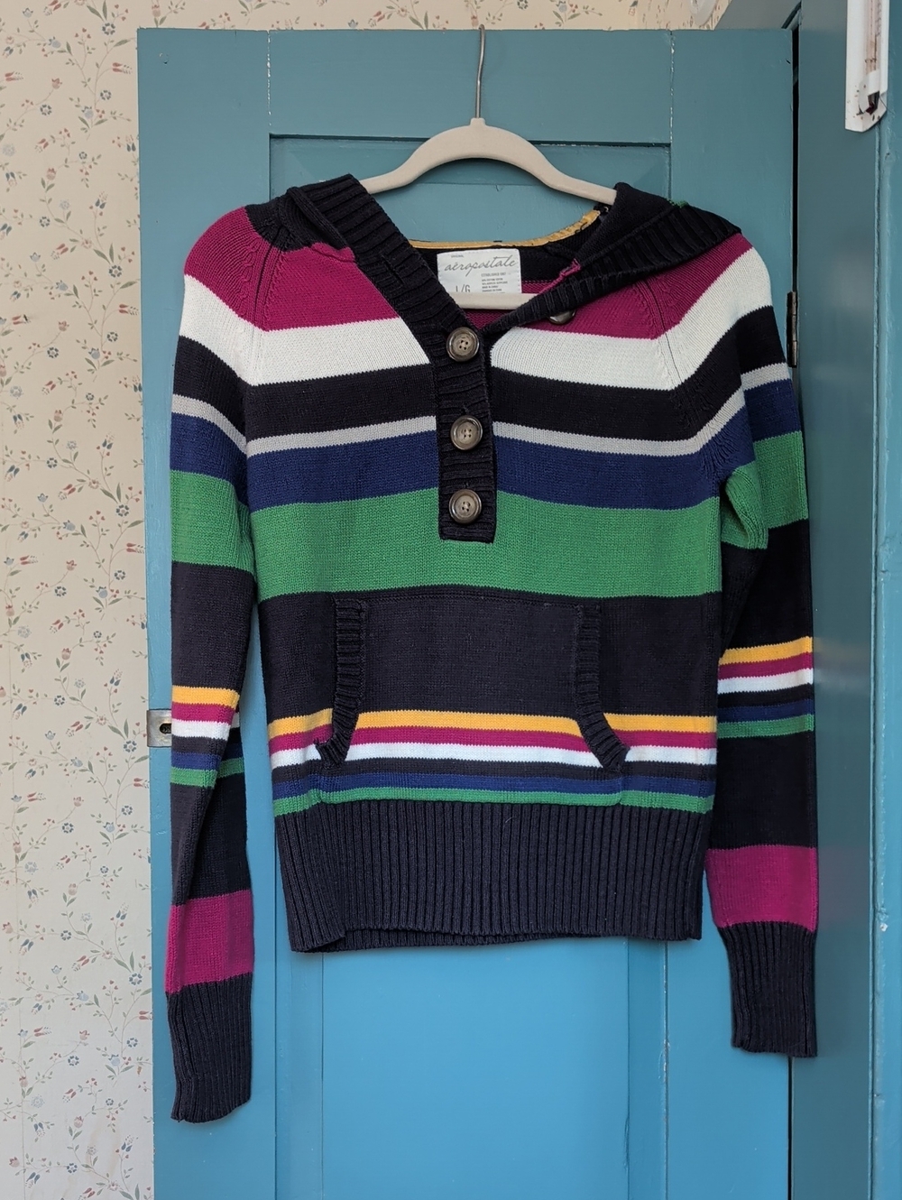 Aeropostale Multicolor Striped V-Neck Pullover Sweater Large Tight Fit Vintage